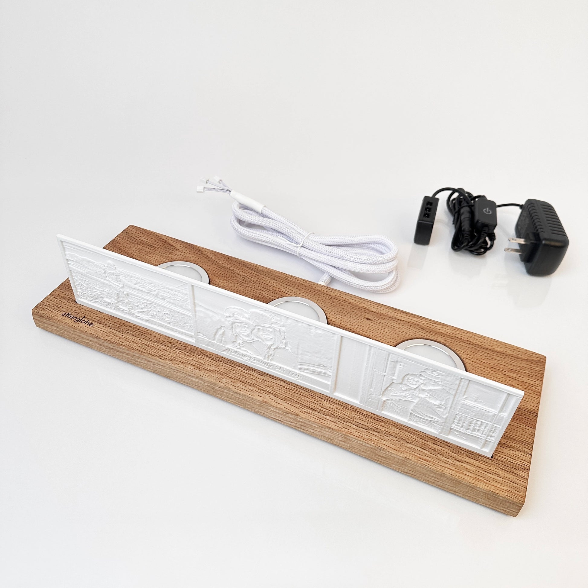 afterglohe StoryLine Photo Display lithophane product with Modern Hardwood Base with LED illumination