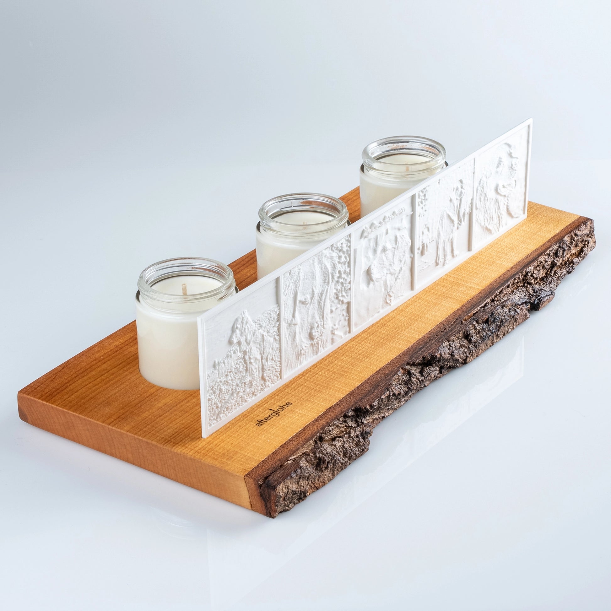 StoryLine personalized photo display with candlelight and Rustic Live Edge base